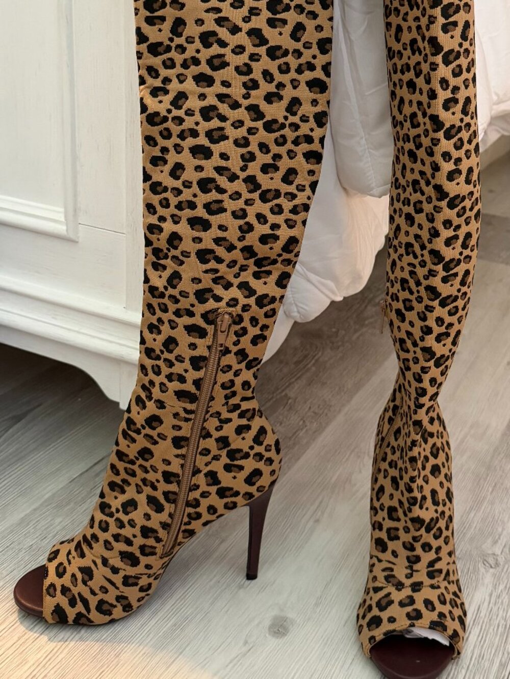 Leopard-print peep-toe over-the-knee (thigh-high) fabric boots